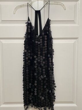 Divided Black Sequin Mini Slip Dress with Spaghetti Straps
